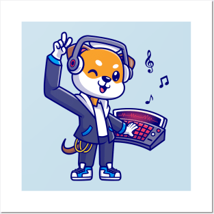 Cute Shiba Inu Dog DJ Playing Music Cartoon Posters and Art